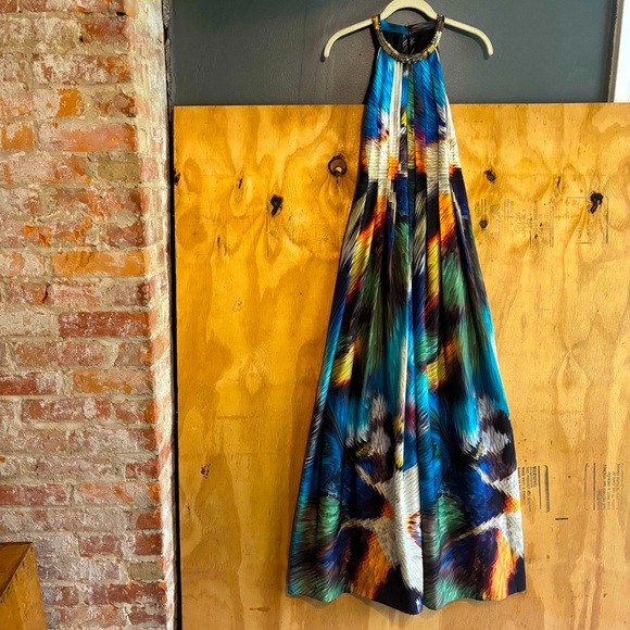 Ranna Gill Beaded Neck Rainbow Abstract Print Maxi Dress Sz M - Picture 3 of 11